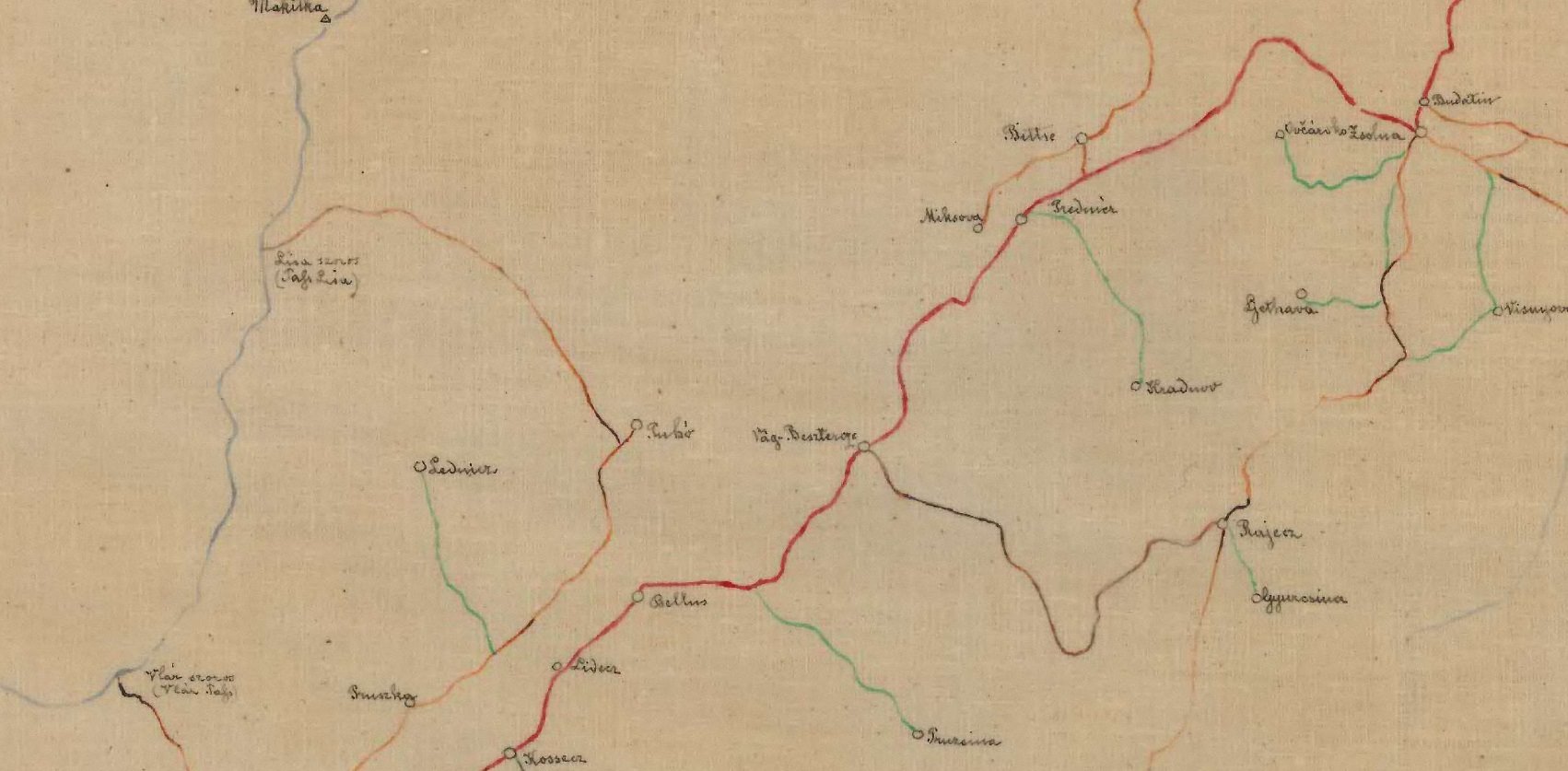 Cestná sieť v okolí Púchova na mape z roku 1869