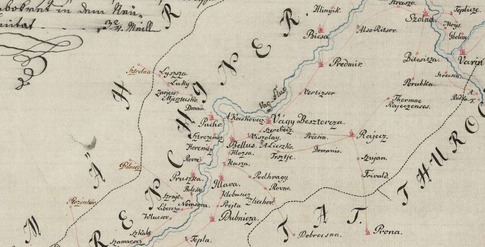Cestná mapa okolia Púchova z roku 1787