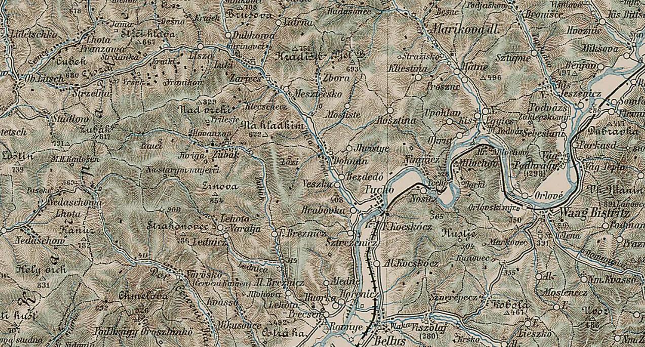 Dnešný okres Púchov na mape z r. 1910