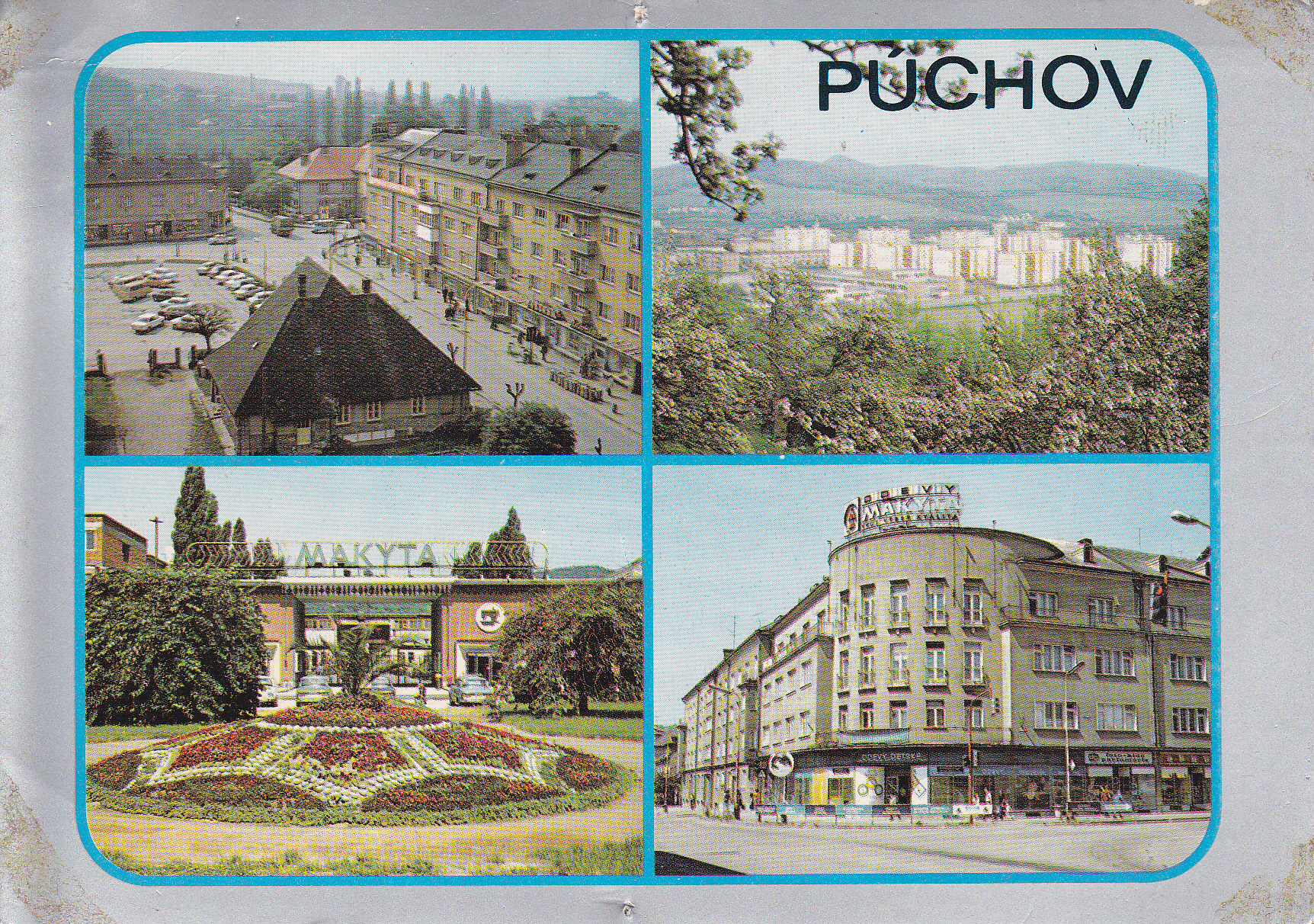 Pohľadnica Púchova z r. 1978 - križovatka s parkoviskom na Rožáku, sídlisko Sedlište z Lachovca, Fučíkov park pred Makytou a Rožák