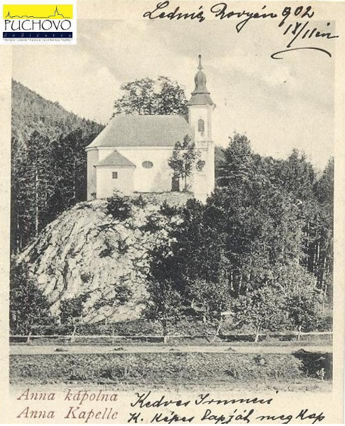Pohľadnica barokovej kaplnky sv. Anny postavenej na začiatku 2. polovice 18. storočia medzi Lednickými Rovňami a Dolnou Breznicou