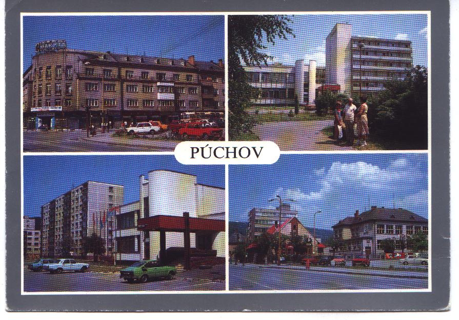 Púchov na pohľadnici z r. 1990: Hotel, Rožák a priľahlé parkovisko so ZUŠ (od pána Olšovského)