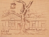 Kresba salaša Máj pri Púchove na drevenej pohľadnici