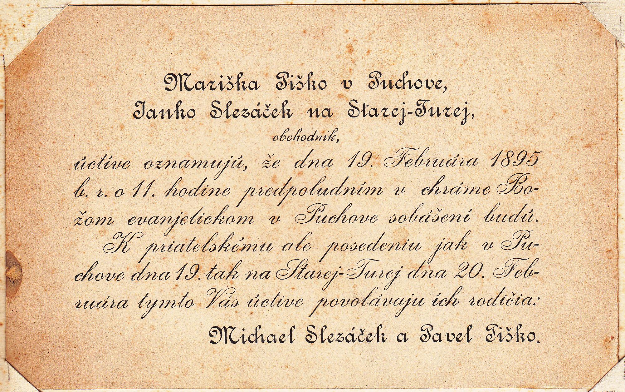 Svadobné oznámenie Márie Piškovej z Púchova a Janka Slezáčka zo Starej Turej z r. 1895 v slovenčine