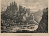 Romantický pohľad na hrad Lednica s rovnomennou obcou zo začiatku 19. storočia (cca 1830).