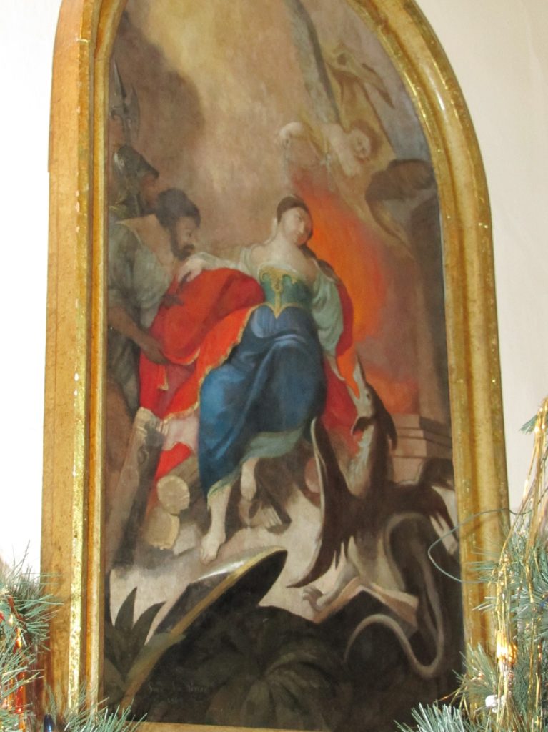 Vyobrazenie sv. Margity z 18. storočia v r. k. kostole v Púchove