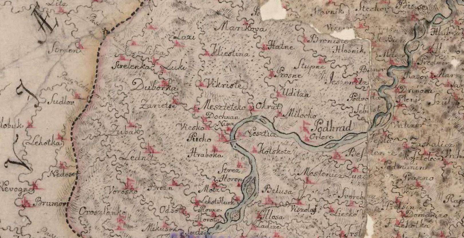 Mapa okolia Púchova z roku 1740