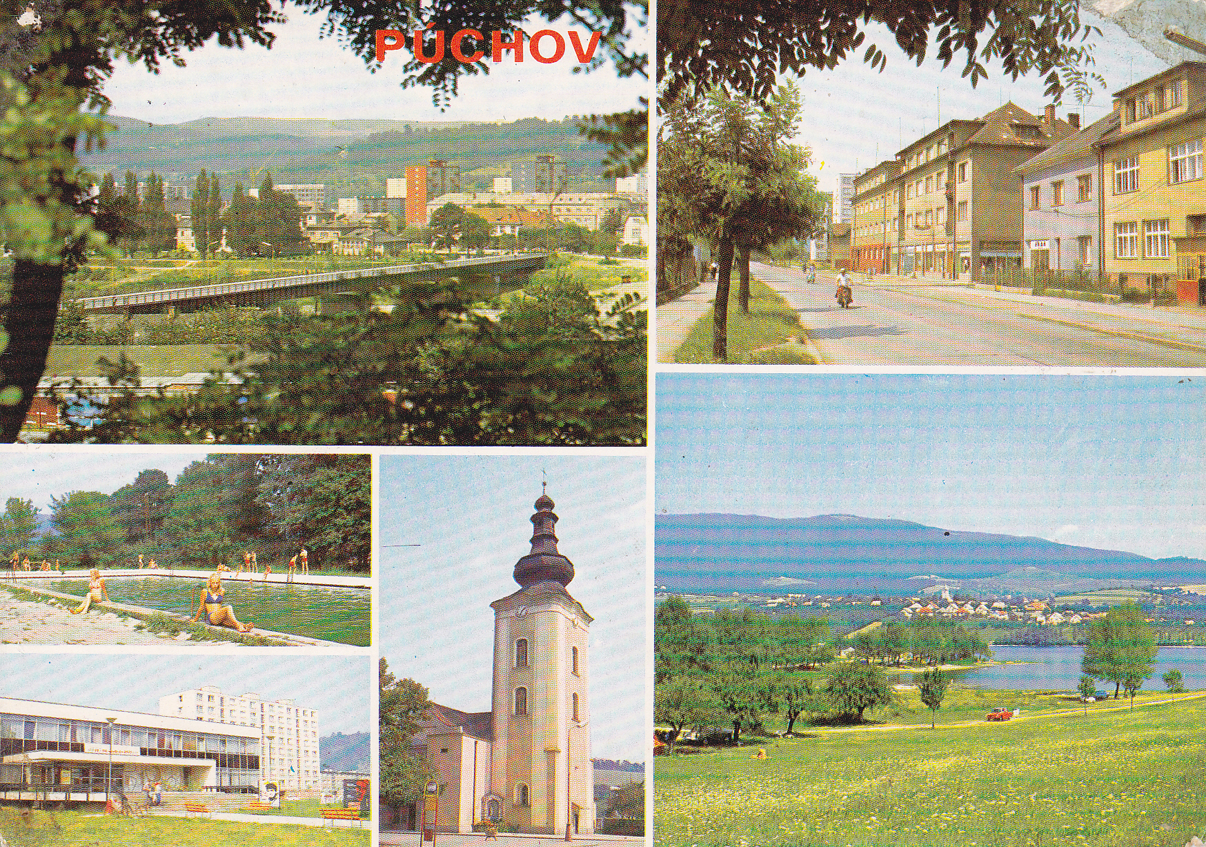 Púchov na pohľadnici v r. 1970: most cez Váh, katolícky kostol, staré kúpalisko, Ul. 1. mája, Dom kultúry