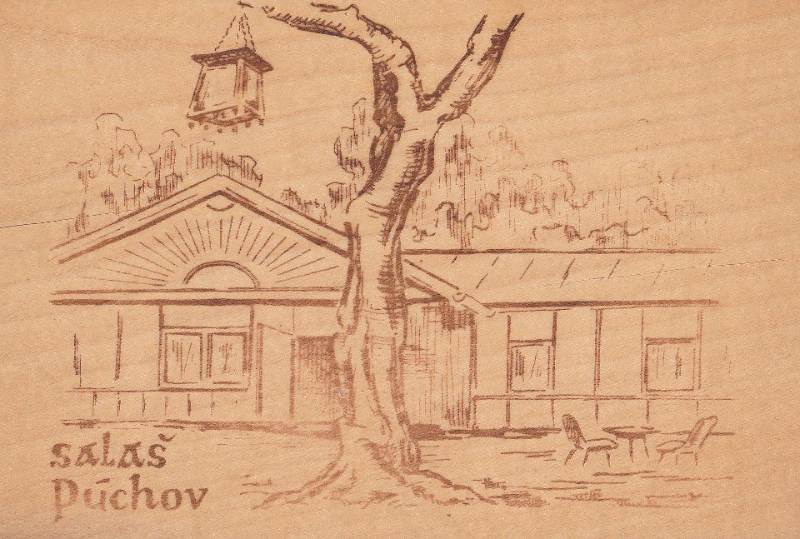 Kresba salaša Máj pri Púchove na drevenej pohľadnici