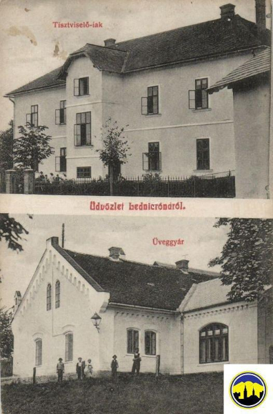 Pohľadnica z Lenických Rovní z prelomu storočí (hore Obecný úrad, dole budova sklárni)
