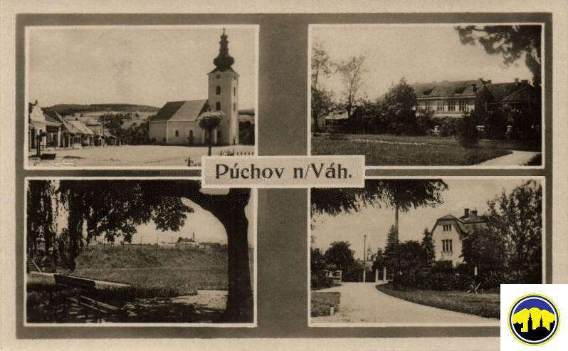 Pohľadnica Púchova z 1. ČSR (kostol, park, vila Velitsovcov...)