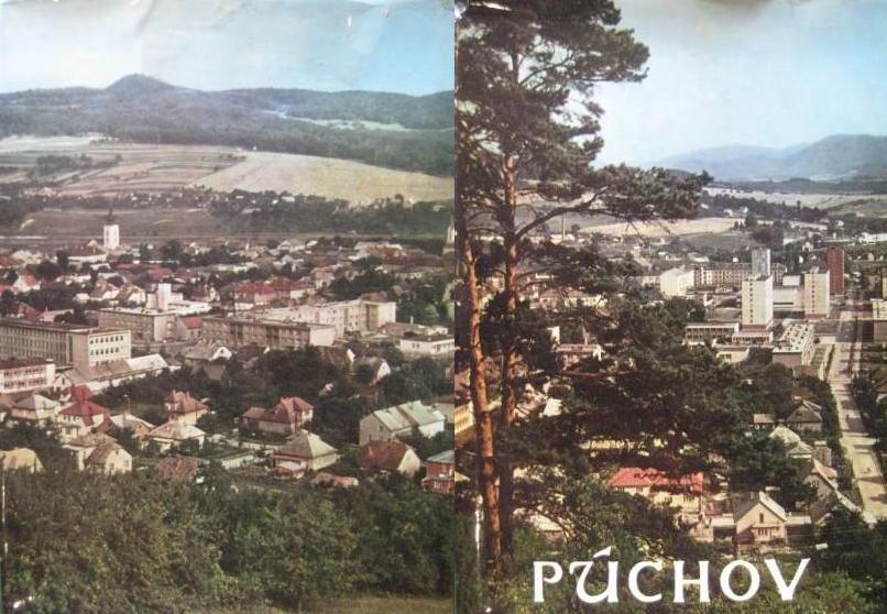 Dvojitý pohľad na mesto Púchov zachytený farebne z Lachovca  v r. 1970