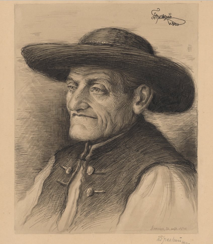 Pomocou pera takto namaľoval "Hlavu starca z Nimnice" 20. septembra 1920 veľmi nádejný slovenský maliar Ladislav Treskoň z Petrovíc.
