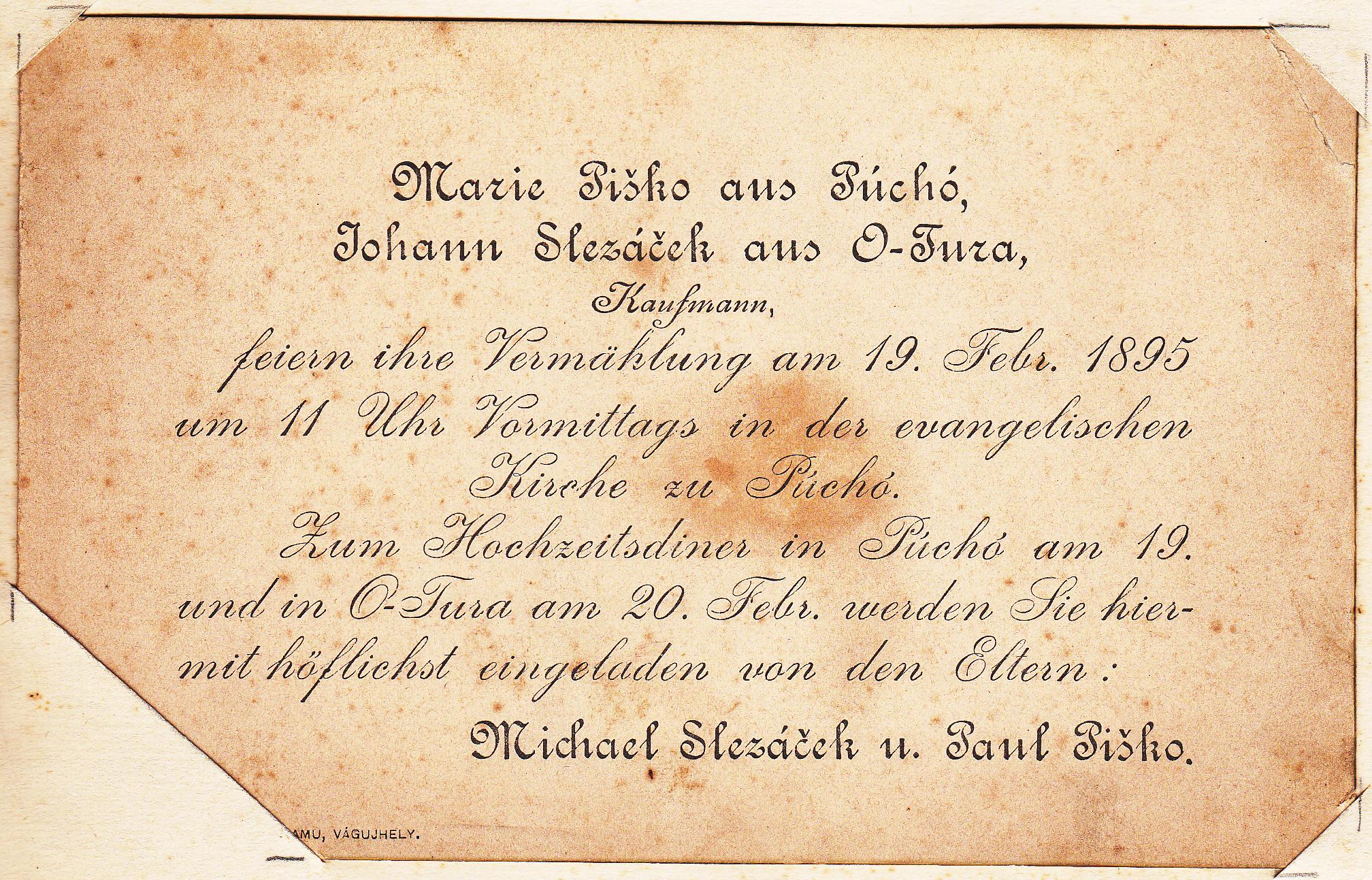 Svadobné oznámenie Márie Piškovej z Púchova a Janka Slezáčka zo Starej Turej z r. 1895 v nemčine