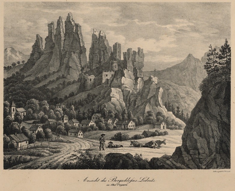 Romantický pohľad na hrad Lednica s rovnomennou obcou zo začiatku 19. storočia (cca 1830).