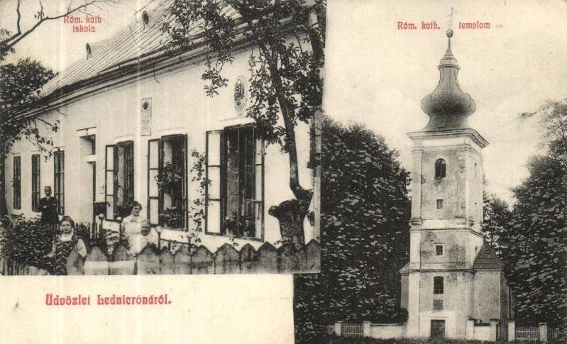 Pohľadnica z Lednických Rovní (z čias Rakúsko-Uhorska) a na nej rímskokatolícka škola a starý renesančný kostol v parku