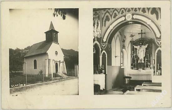 Kostolík v Belušských Slatinách zasvätený Božskému Srdcu Ježišovmu na pohľadnici z roku 1937